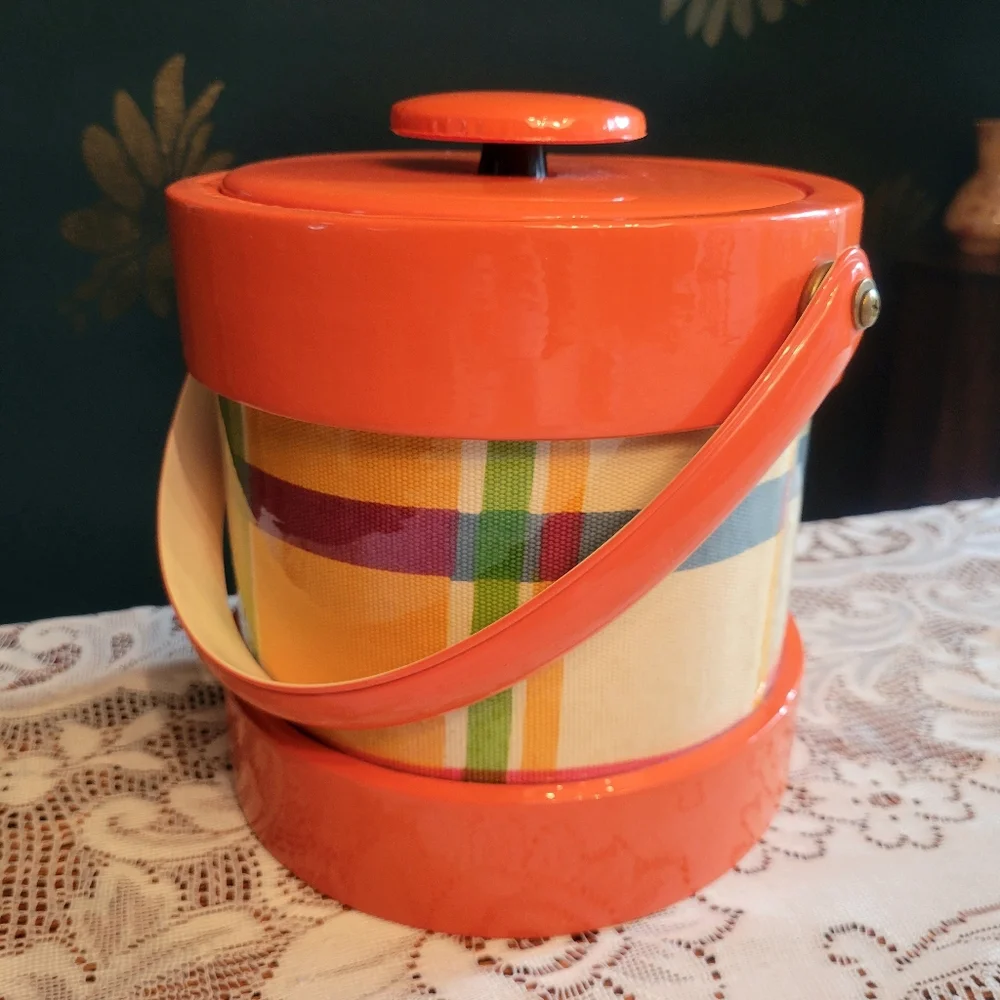 Vintage Vinyl Rainbow Plaid & Orange Ice Bucket
